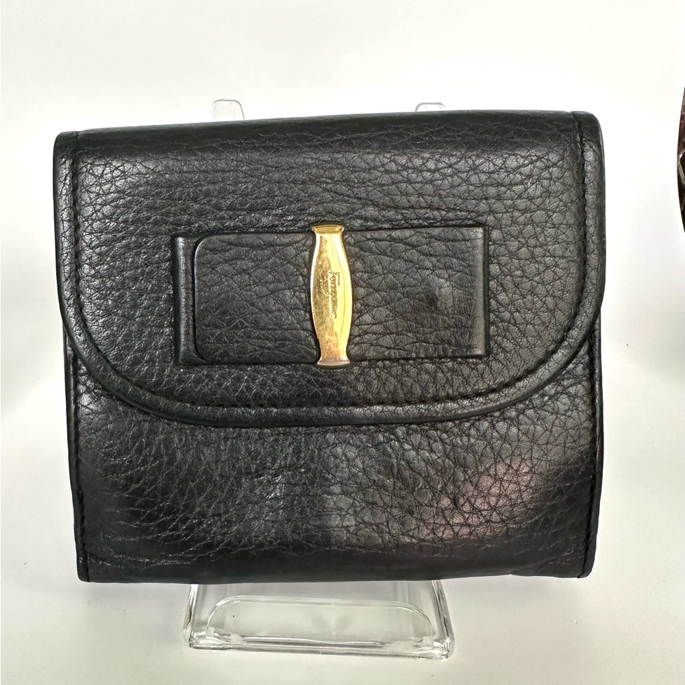 Salvatore Ferragamo Gold Bow Black Leather Bifold Wallet